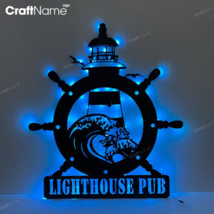 Custom Lighthouse Metal Wall Art LED Light, Personalized Light House Name Sign