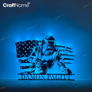 Custom Welding US Flag Metal Wall Art LED Light, Personalized Welder Name Sign