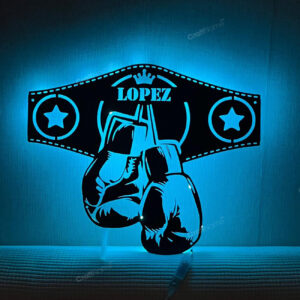 Custom Boxing Gloves Metal Wall Art with LED Light - Personalized King Boxer Belt Name Sign Home Decor - Ideal for Home Decor & Gift