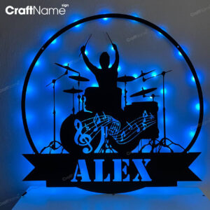 Custom Drummer Room Metal Wall Art Led Light Personalized Drum Lover Name Sign Home Decor Music Room Kids Nursery Decoration Birthday Xmas
