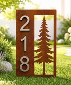 Pine Tree Address Yard Stake, Rustic Metal Garden Sign for Cabin Front Porch Decor