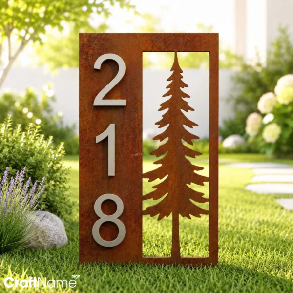 Pine Tree Address Yard Stake, Rustic Metal Garden Sign for Cabin Front Porch Decor